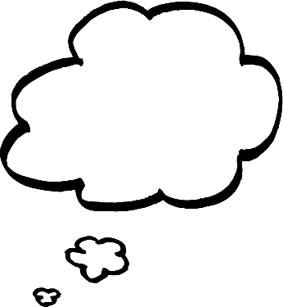 A monochrome thought bubble containing a cloud, symbolizing thoughts or imagination.